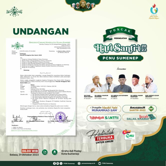 
 Ikuti Puncak Hari Santri 2023 PCNU Sumenep, Ada Tausiyah dan Ijazah 5 Kiai Khos Jawa Timur